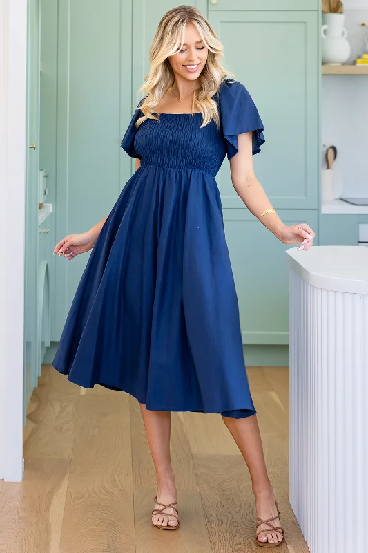 Ailish Shirred Midi Dress Deep Blue