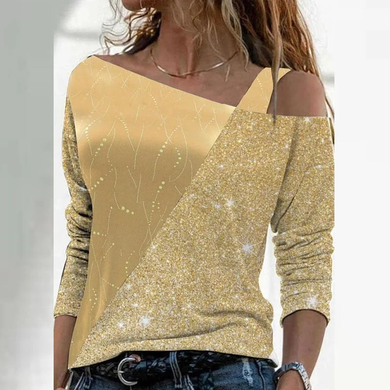 Amy Fashion - Retro Glitter Gold Contrast Casual Long Sleeve Straps Pullover