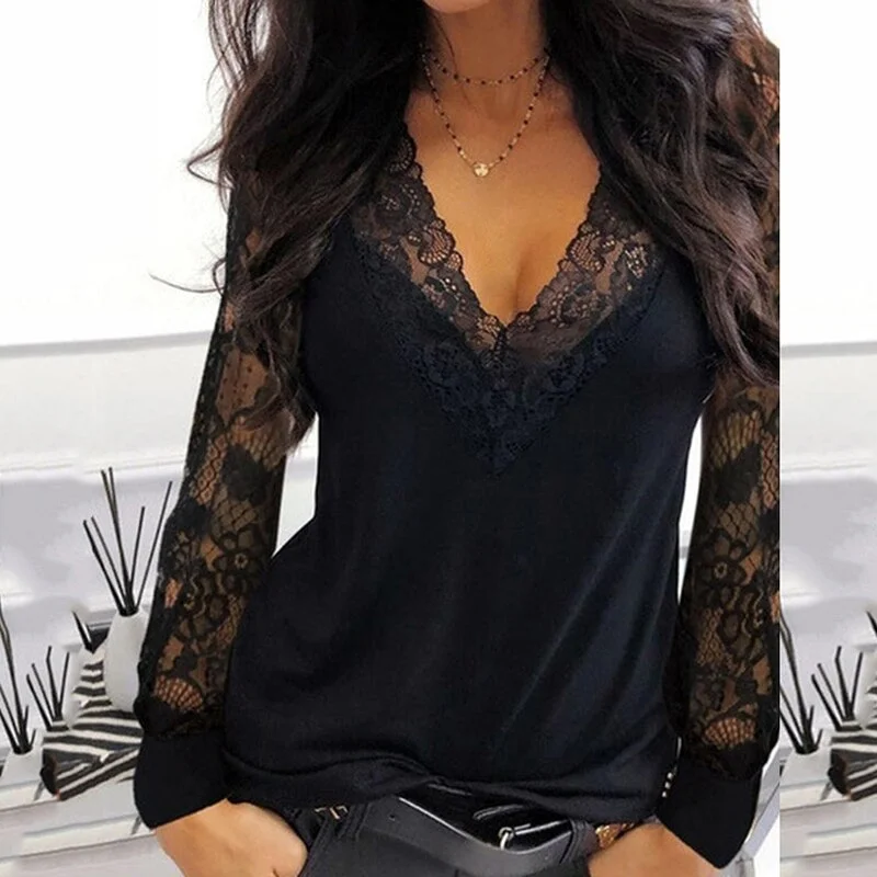 Amy Fashion - Casual V-neck Lace Long Sleeve Sexy Solid Color Shirt