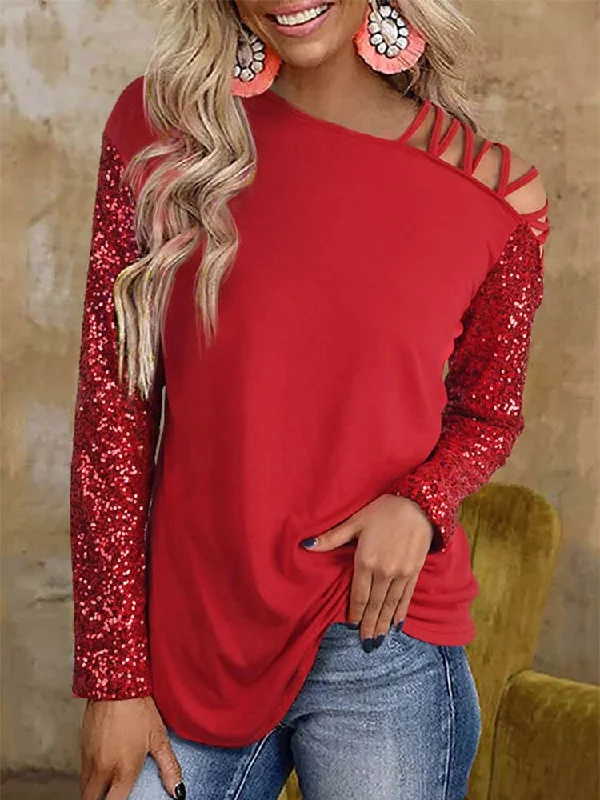 Amy Fashion - Hollow Out Sequin One Side Cold Shoulder Shiny T-shirt