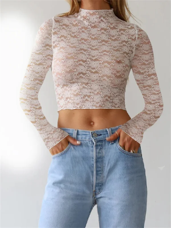 Amy Fashion - Sexy Lace Flower Crop Tops Long Sleeve Mesh See-Through Slim Fit T-shirts