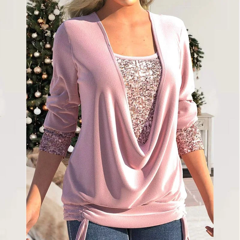 Amy Fashion - V Neck Sequins Stitching Solid Drawstring Pullover