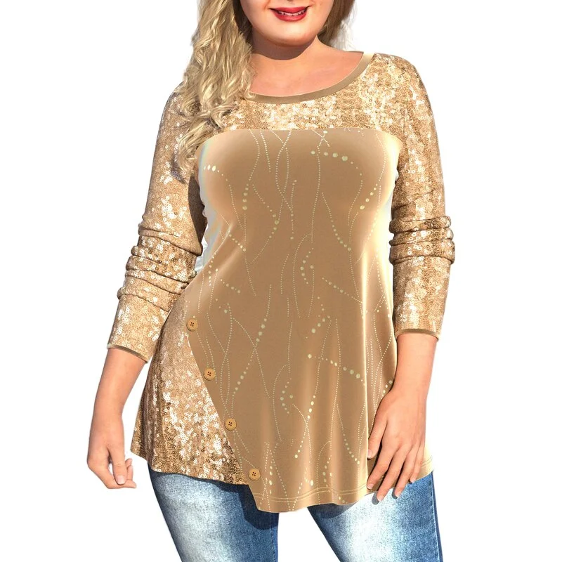 Amy Fashion - Plus Size Graphic Printed Sequins Patchwork Round Neck T Shirt