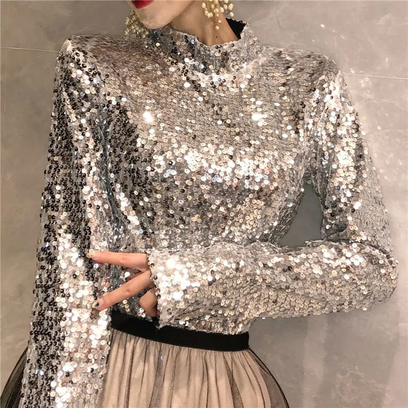 Amy Fashion - Shinny Sequin Long Sleeve Party Glitter Slim Festival Chic Tshirt