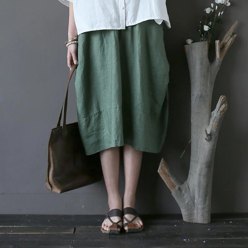 2017 green patchwork linen mid skirts elastic waist loose cirlce skirts