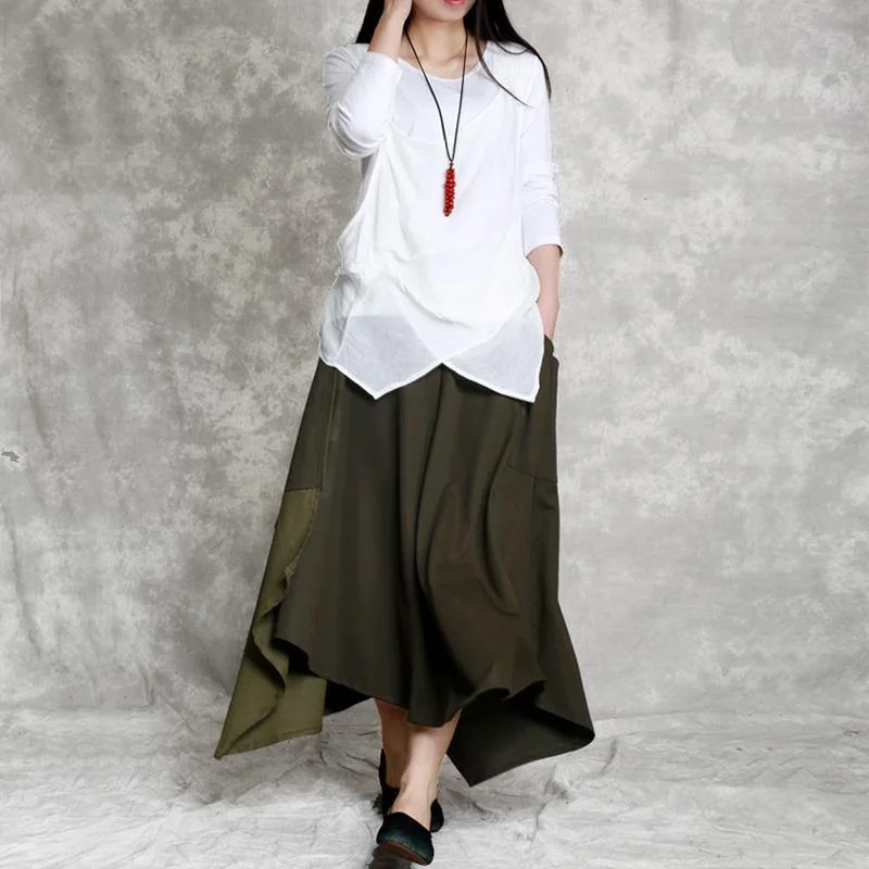 2018 summer army green cotton casual skirt asymmetric hem elastic waist maxi skirts