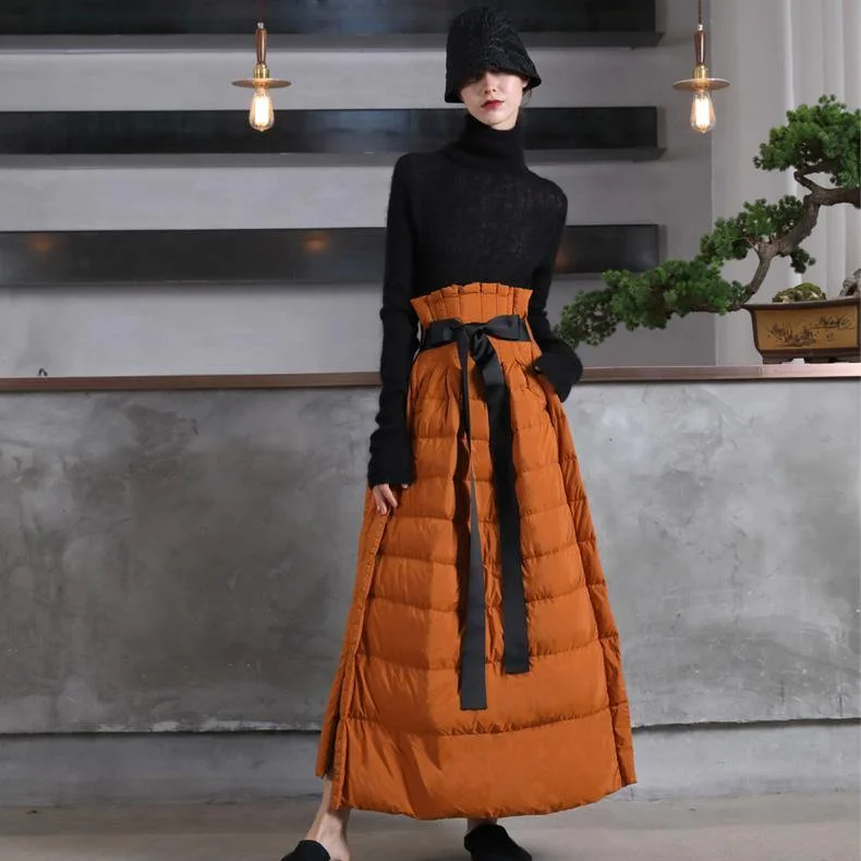 Luxury Orange Duck Down Skirts Casual High Waist Winter Skirts Thick Oversize Maxi Skirts