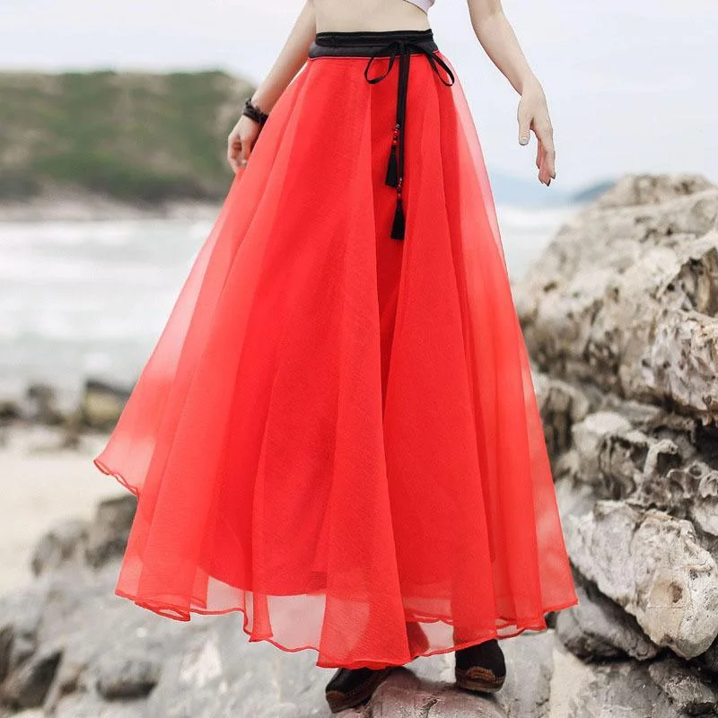 Modern large hem tassel chiffon clothes For Women Omychic Wardrobes red Maxi skirts Summer