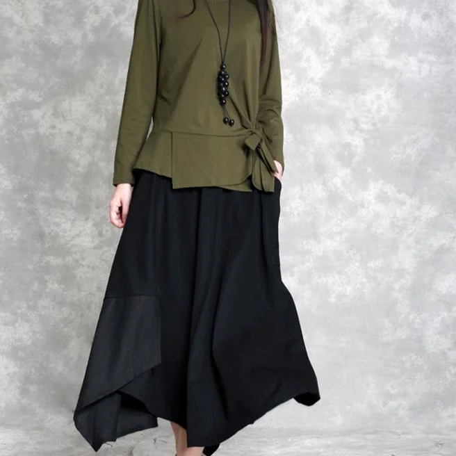 new fashion black cotton linen skirt patchwork loose bia hem skirts