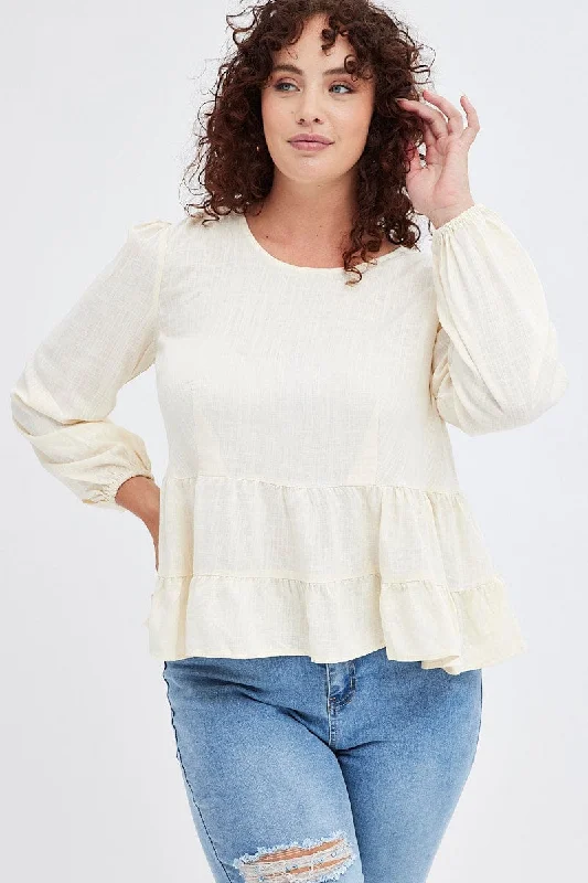 Beige Smock Top Long Sleeve Tiered