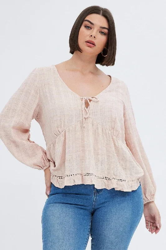 Beige Smock Top Long Sleeve V-neck