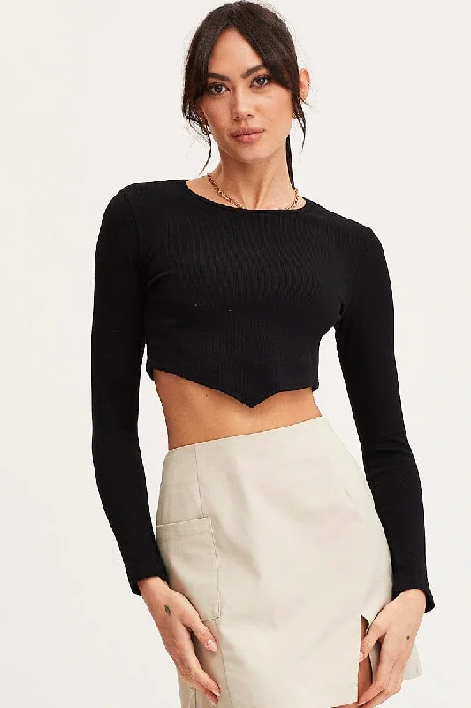 Black Crop Top Long Sleeve Crew Neck Seamless