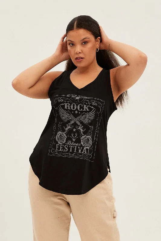 Black Sleeveless Curve Hem Rock Festival Tank Top