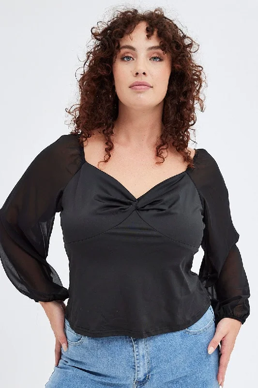 Black Top Long Sleeve Sweetheart Neck