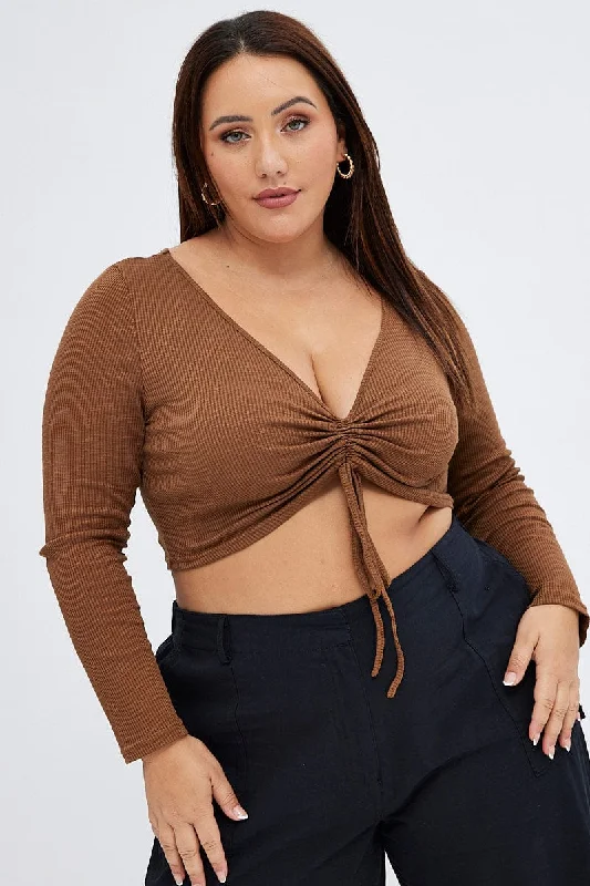 Brown Ruched Top Long Sleeve V-neck