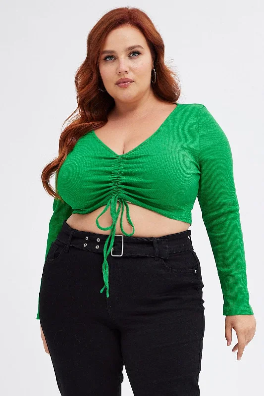 Green Ruched Top Long Sleeve V-neck