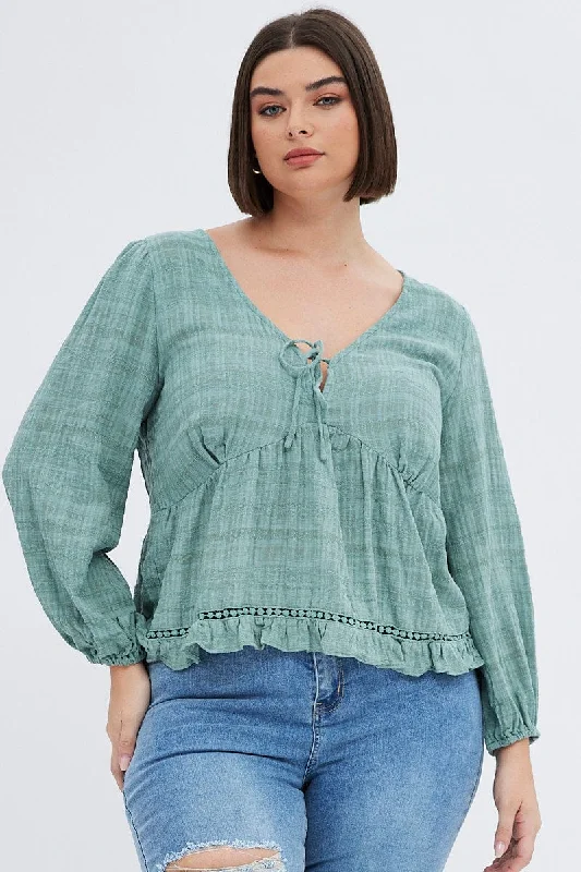 Green Smock Top Long Sleeve V-neck