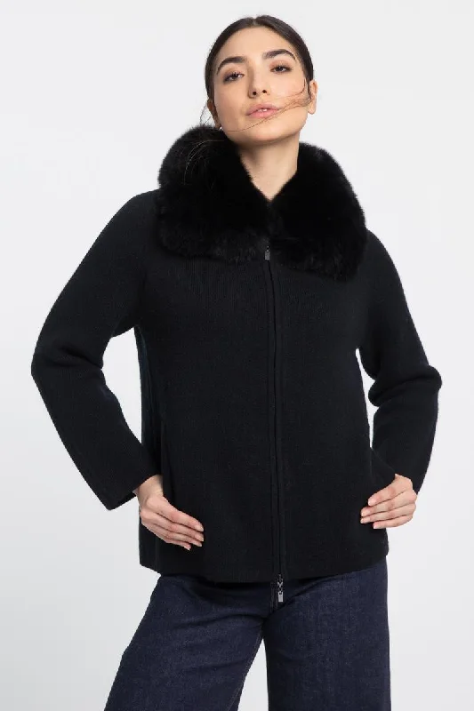 Kinross Cashmere Fox Fur Collar Zip Cardigan