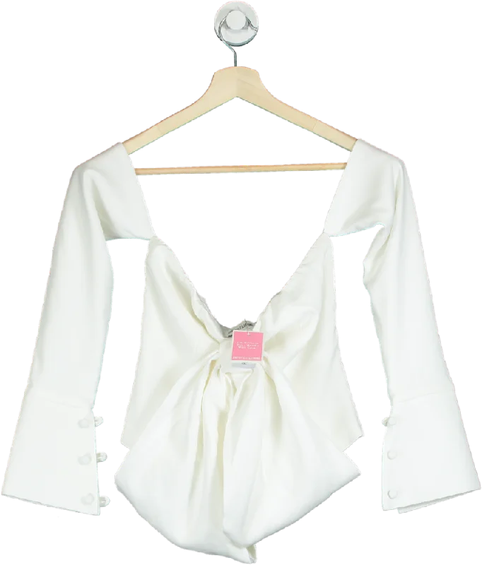 PrettyLittleThing Ivory Satin Bardot Frill Tie Back Bodysuit UK 8