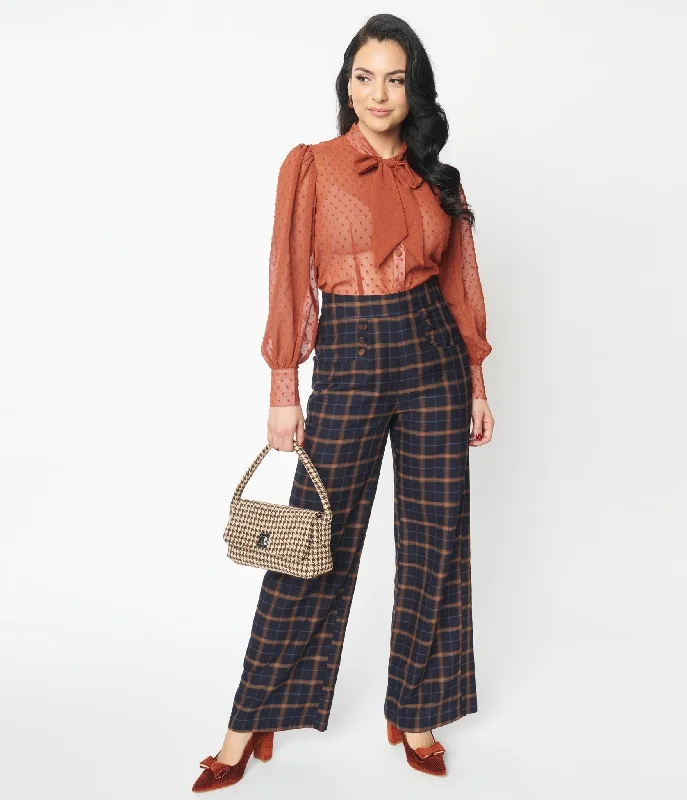 Unique Vintage 1940s Navy & Orange Plaid High Waist Sailor Ginger Pants