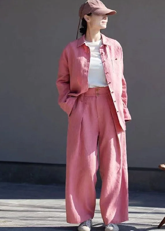 Women Pink High Waist Pockets Linen Straight Pants Spring