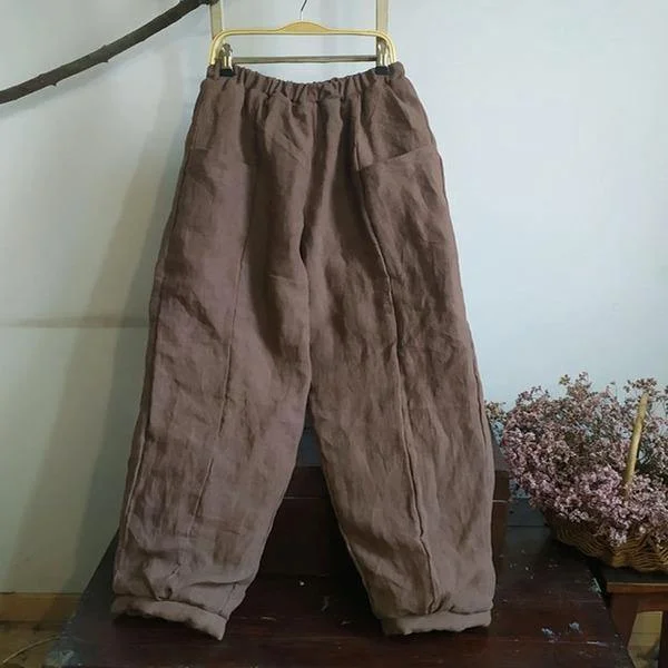 Women Thick Wide Leg Pants Elastic Waist Linen Vintage Female Pants