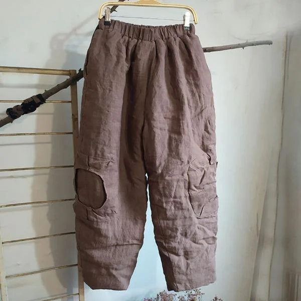 Women Vintage Wide Leg Pants Elastic Waist Cotton Linen Trouser