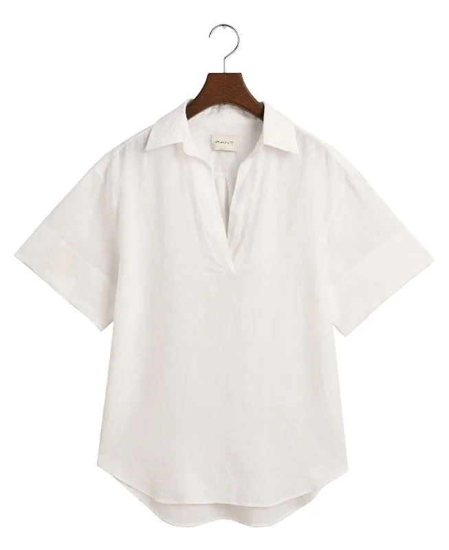 Relaxed Fit Linen Popover Short Sleeve Shirt - White