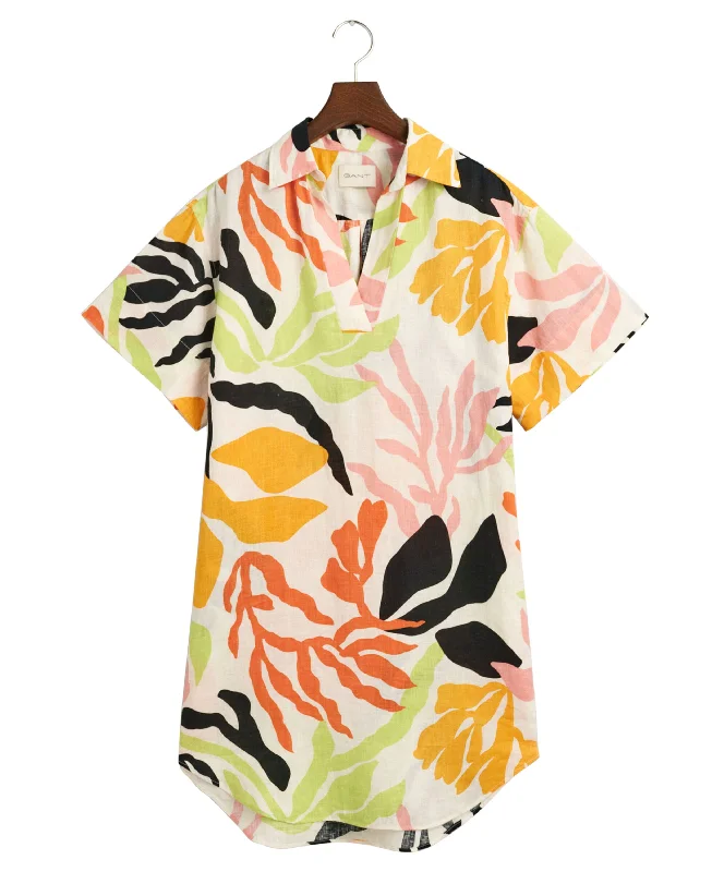 Palm Print Linen Short Sleeve Caftan - Medal Yellow