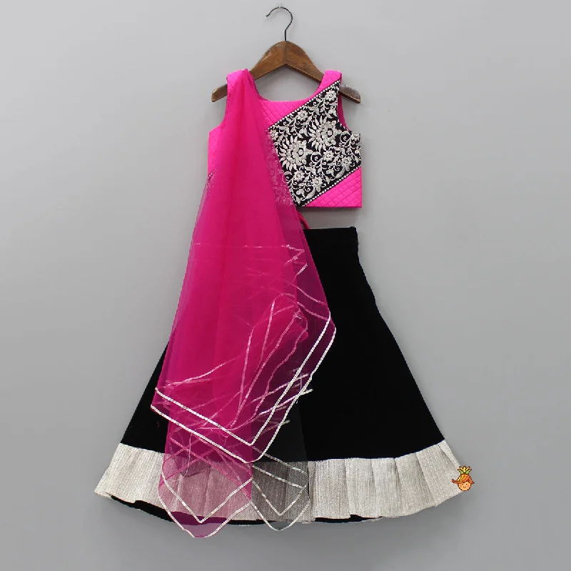 Checks Embroidered Dual Tone Top And Contrasting Tassels Enhanced Black Lehenga With Stylish Net Dupatta