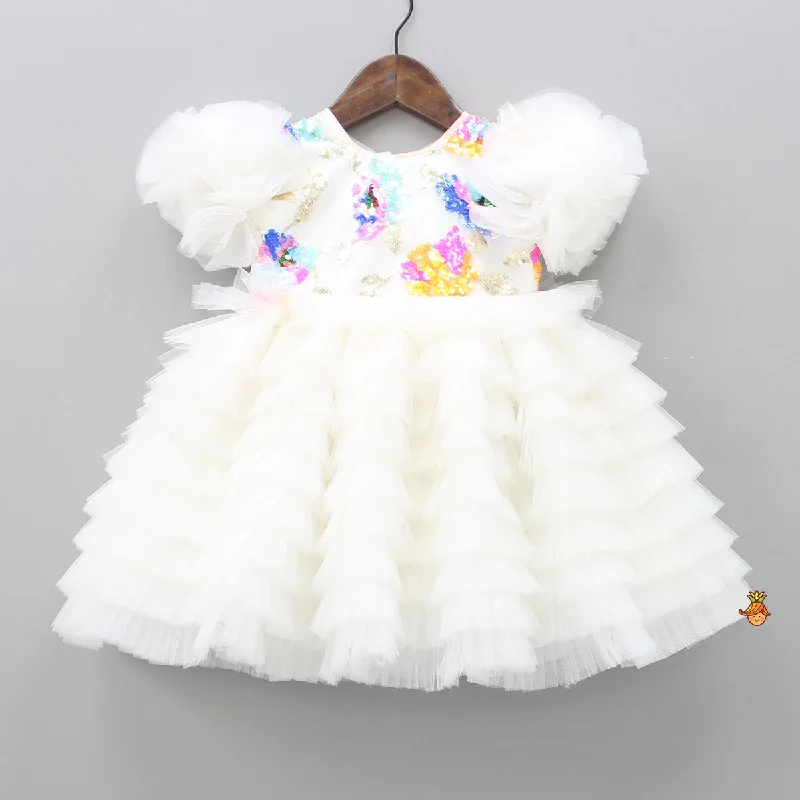 Colourful Sequins Embellished White Fancy Dress