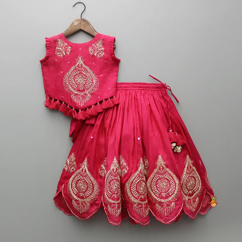 Embroidered Stylish Hem Pink Top And Pleated Lehenga