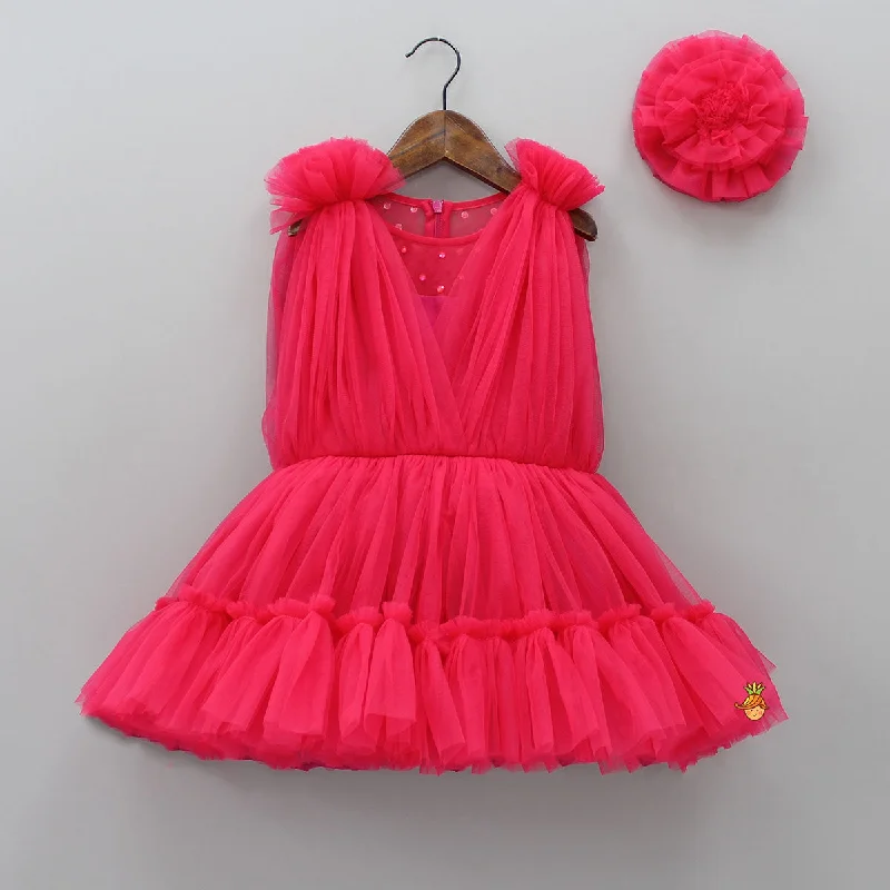 Enchanting Crimson Red Gathered Dress With Hair Clip