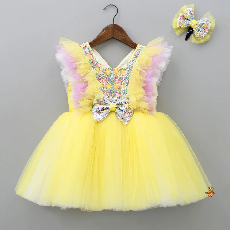 Frilly Sequin Work Yellow Dress With Matching Hair Clip