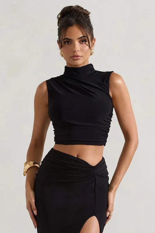 Ischia | Black High-Neck Ruched Top