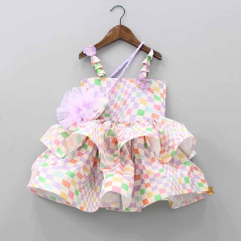 Multicolour Checks Layered Dress With Heart Shaped Sling Bag