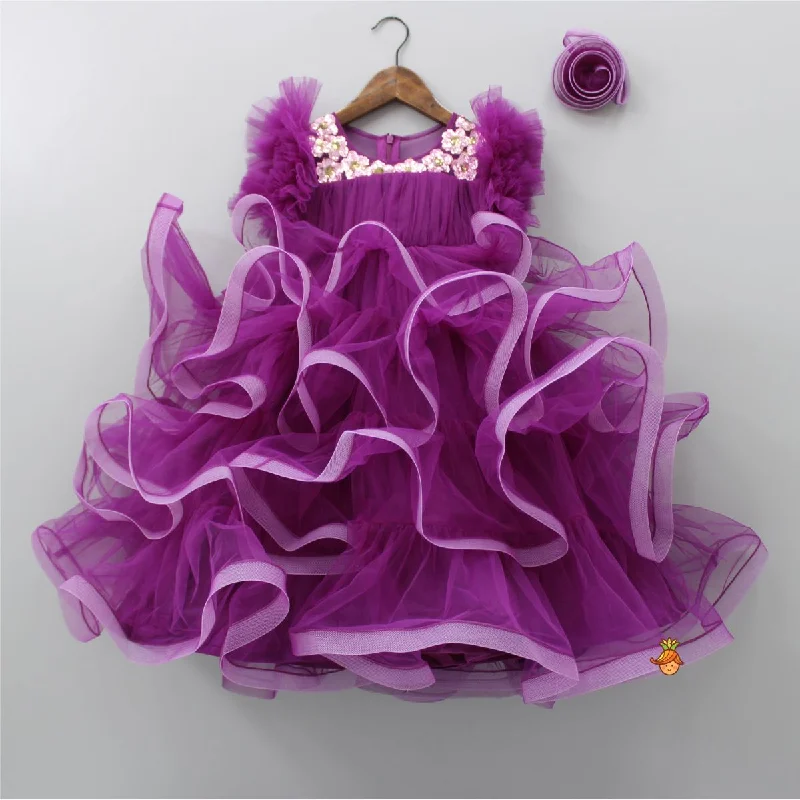 Pretty Purple Ruffled Layered Gown With Matching Hair Clip