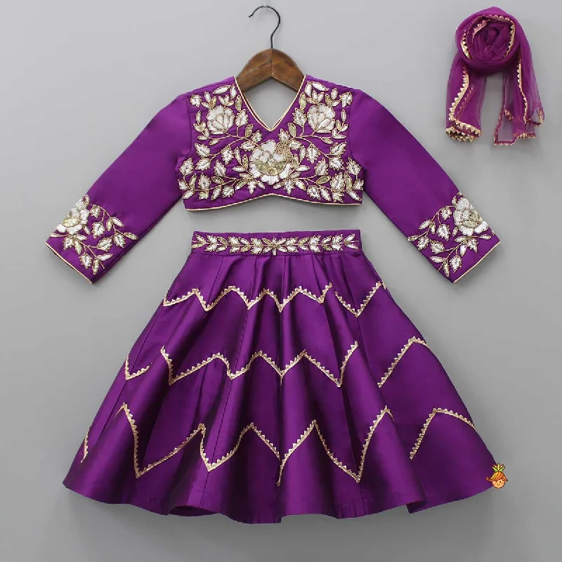 Purple Embroidered Top And Lehenga With Matching Net Dupatta