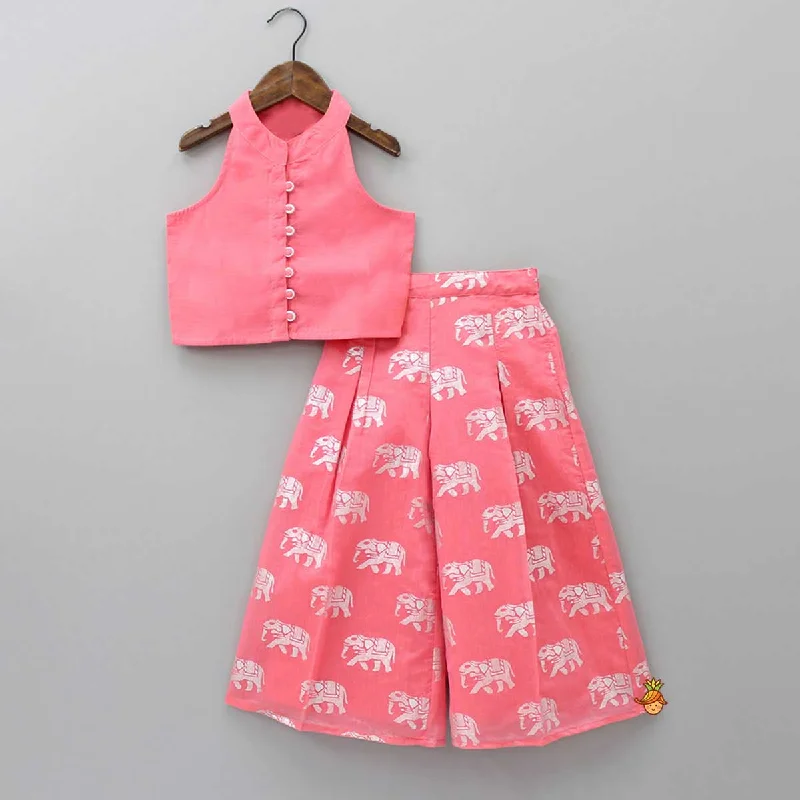 Sleeveless Pink Top and Elephant Print Palazzo