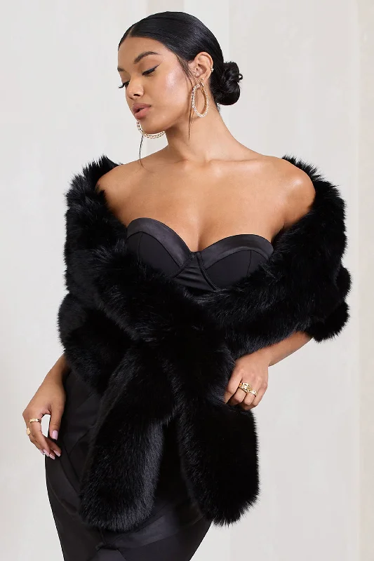 Softly | Black Faux Fur Pull-Through Shawl