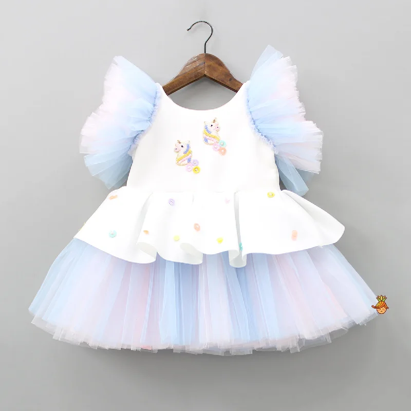 Unicorn Embroidered Yoke Neoprene White And Light Blue Dress