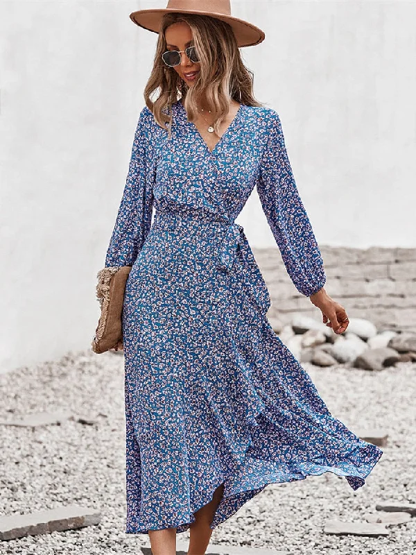 BerriesJam - Bandage Belt China Blue Printed Maxi Dress