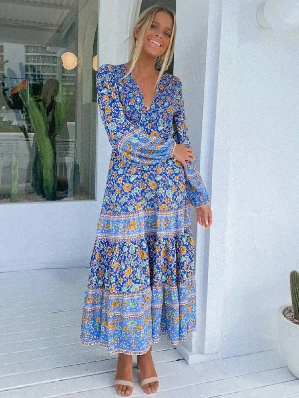 BerriesJam - Blue Floral Hippie Beach Boho Maxi Dress