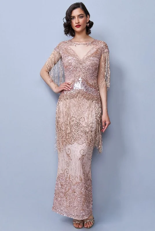 Ethel 1920s Evening Maxi Fringe Gown in Blush