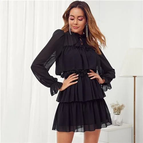 FashionSierra - Black Frill Tie Neck Ruffle Trim Layered Mesh Party Mini Dress Women Autumn Stand Collar Shift Ladies Elegant Dresses