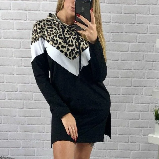 FashionSierra - Casual Long Sleeve Women Dress Fall Clothing Leopard Patchwork Long Sleeve Women Hoodies Mini Dress