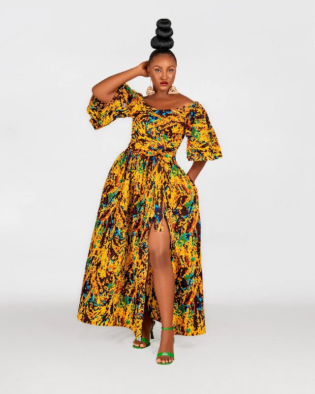 Nadia Ankara Off Shoulder Maxi Dress | Yellow Multicoloured African Print