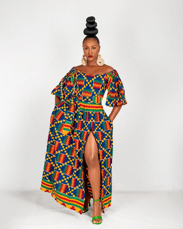 Nicole Ankara Off Shoulder Maxi Dress | Kente Multicoloured African Print