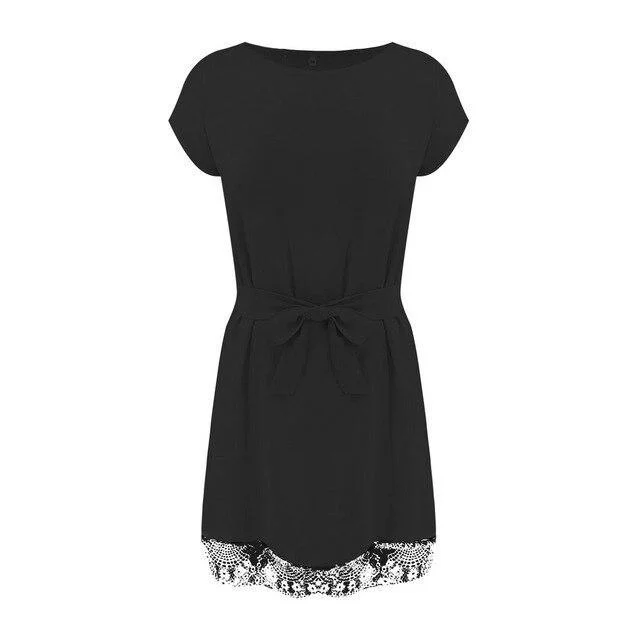 FashionSierra - Summer Dress Casual Round Neck Short Sleeve Lace Patchwork Bandage Mini Dress Black Pink White Women Dress