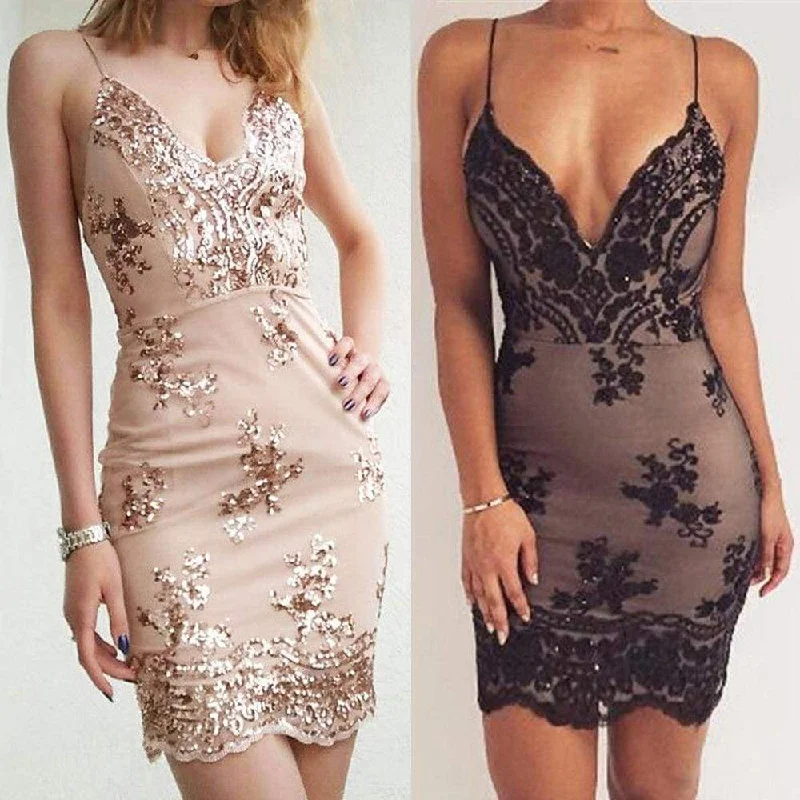 FashionSierra - Summer Women Dress Spaghetti Strap V Neck Sequined Lace Bodycon Dresses Sleeveless Party Evening Vestidos Femme Short Mini Dress